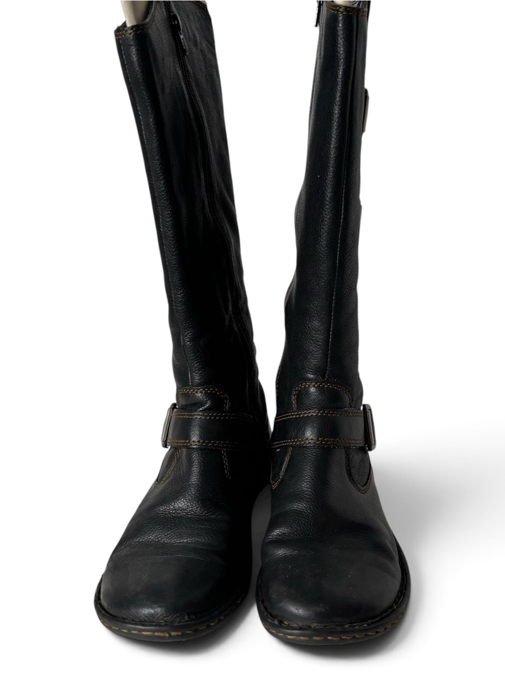 boc Women's Brown Leather Knee-High Boots with Buckle Strap Side Zip Sz 8